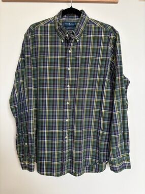Ralph Lauren Plaid Button Down Shirt, Men’s XL Custom Fit, Green Blue Cotton